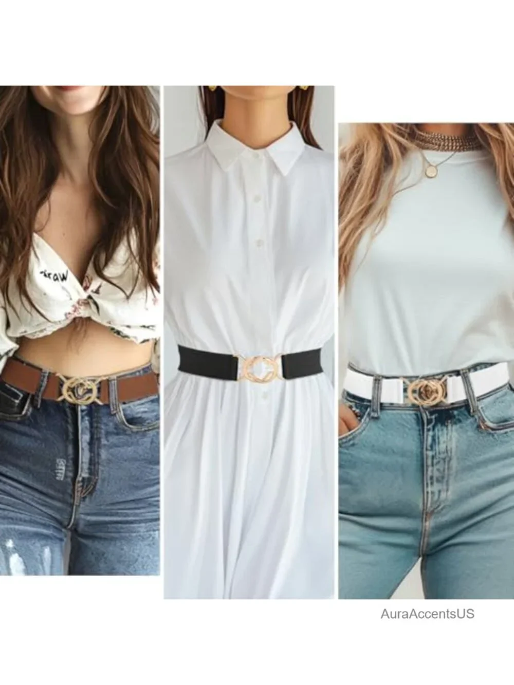 Elastic Belt with Gold Buckle - Stretchy Waist Belt for Dresses